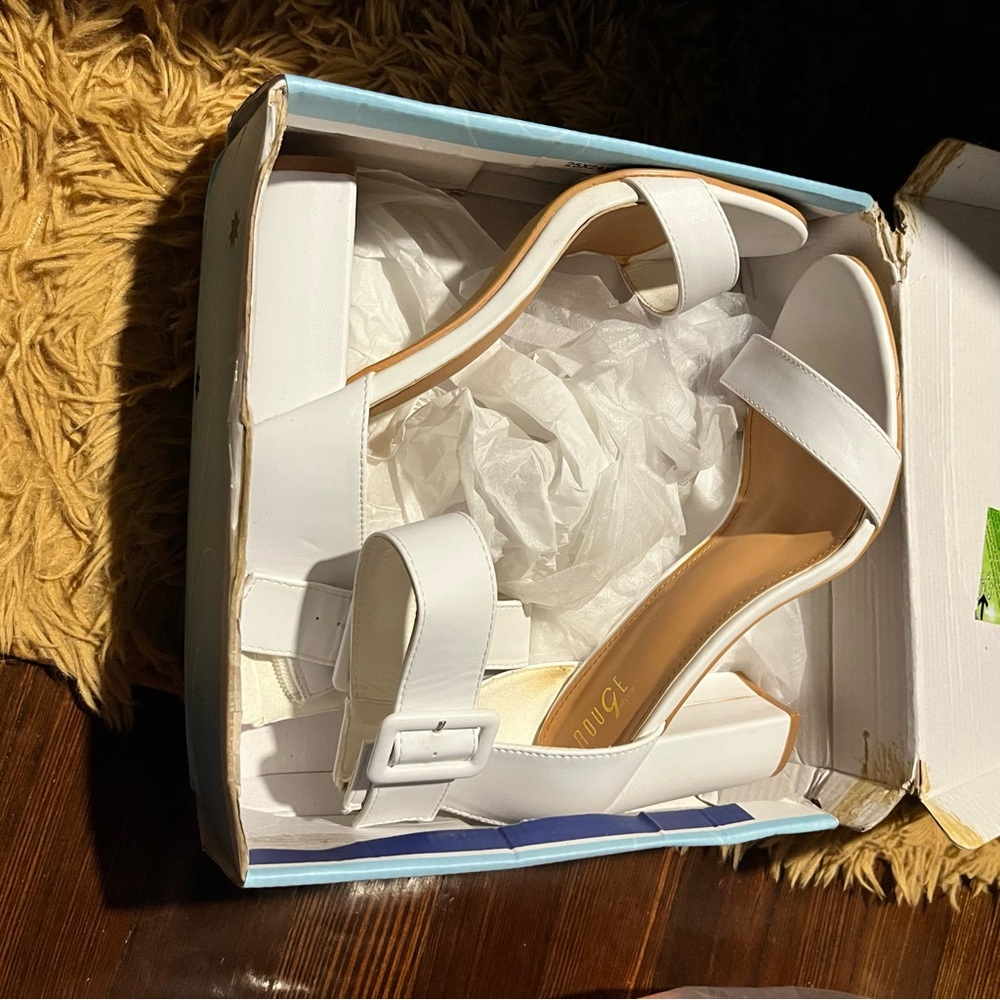 White ankle strap open toe platform shoes